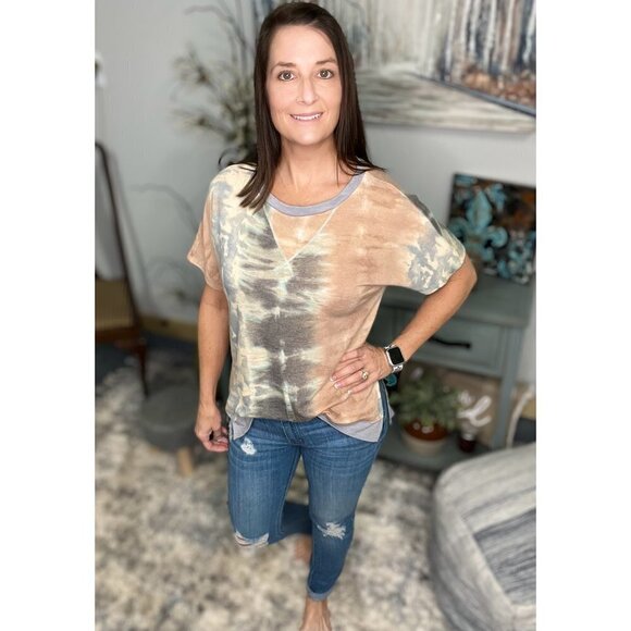 Tie Dye Hi Low Split Side Contrast Short Sleeve Round Neck Boho Peach Gray 3211 - Picture 6 of 12